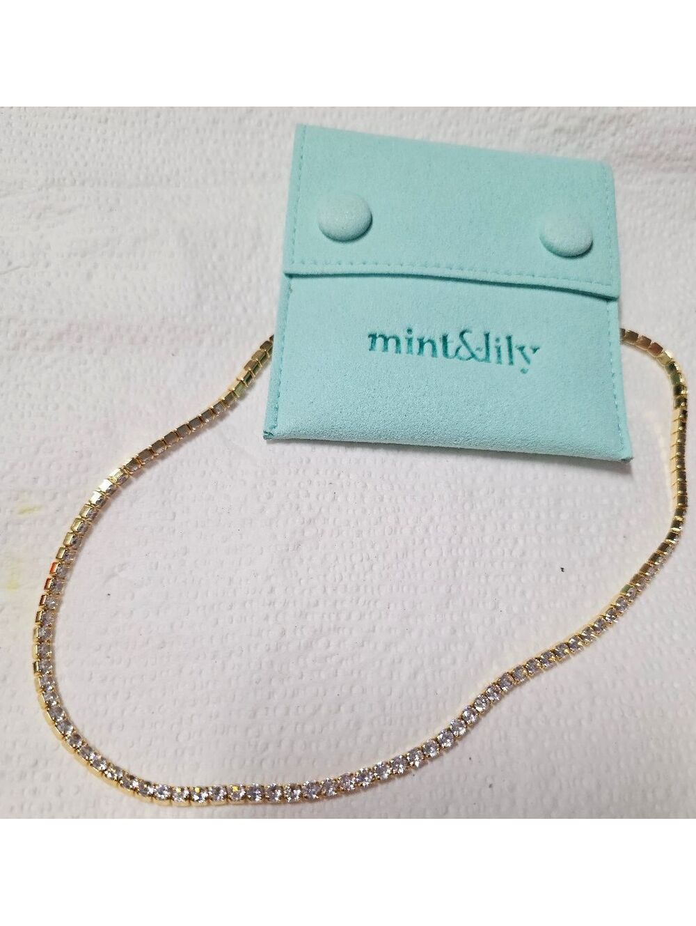 Mint & Lily 3mm Tennis Necklace 16" 18K Gold Plated CZ • Pouch w/ Writing